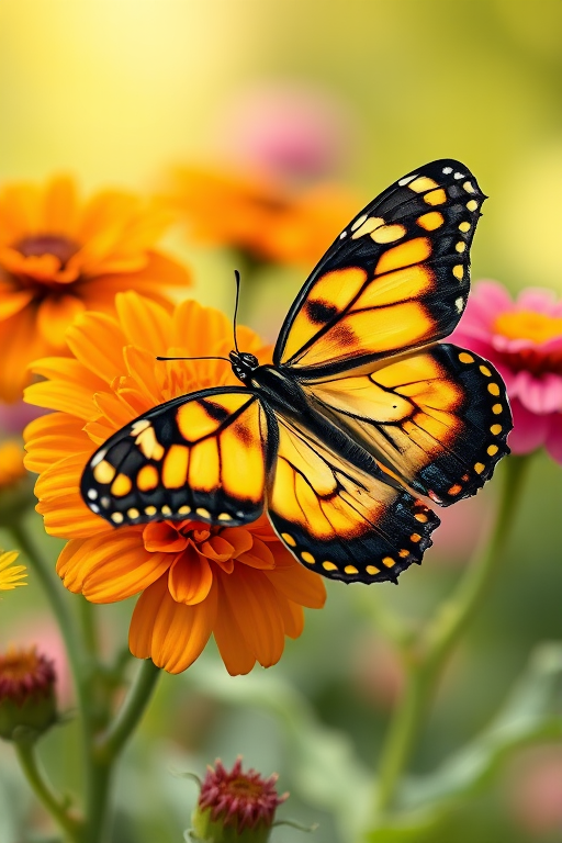 Generate an image of a butterfly perched on colorful flowers in a garden setting. The butterfly should have distinctive black and yellow markings, and the flowers should be vibrant, showcasing a mix of orange, pink, and yellow hues against a soft green background.
