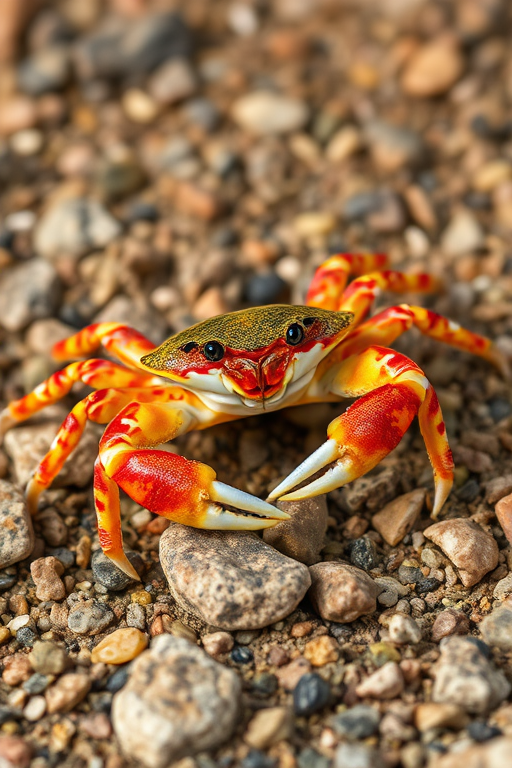 Capture a vibrant crab on a rocky surface with macro photography, using a DSLR camera, f/2.8 aperture, 1/250 shutter speed, ISO 100, and natural lighting to enhance details and colors.