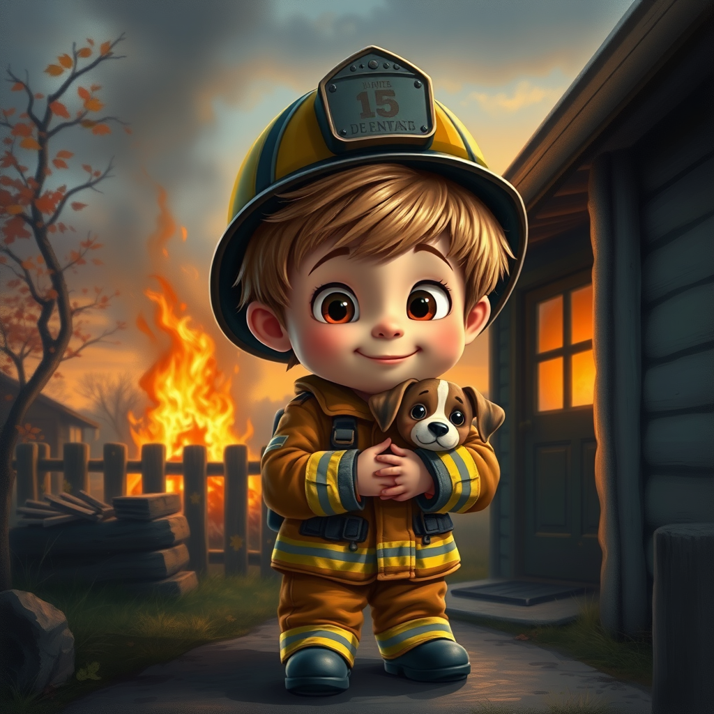 airbrushed oil painting, pixar style, cute little boy in fireman gear, helmet, tousled hair, expressive eyes, standing in the doorstep of a cottage burning behind him, holding a cute little dog in his arm, atumn sky