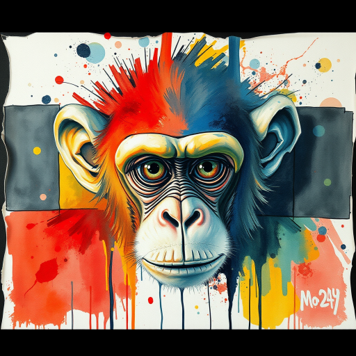 abstract watercolor painting with bold and deep brushstrokes. Thick impasto paint used. Dripping effect. Image breaking up into rectanguls shapes. Paint cracking. just a  smal;l pair of monkey's eyes starting to appear in the middle. The eyes are crying.  Coloured paint splattered around the edges. Geometric lines in background. swirly effect. peeling paint effect. raised rectangles. Dinghy Cream Look edge added in Topaz.