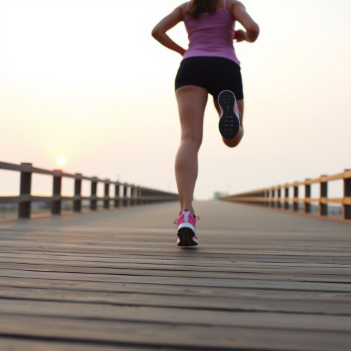Quiet seaside boardwalk at dawn, a woman jogs along the wooden planks, her running shoes leaving faint prints as the soft orange glow of the sun breaks over the horizon.