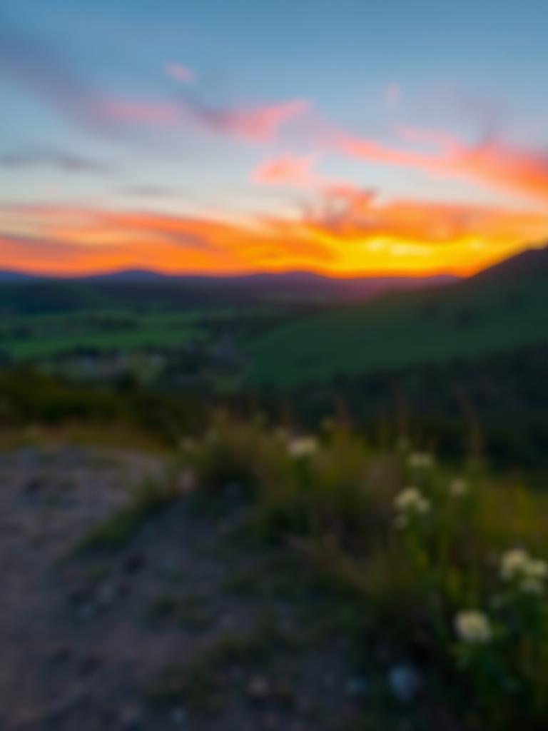 Stunning Sunset Over Rolling Hills with Vibrant Colors and Soft Clouds