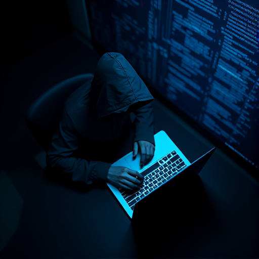 Generate an image of a cloaked figure sitting at a laptop in a dark room with blue digital code background, using a Canon EOS R5 with a 50mm f/1.8 lens, aperture set to f/2.8, ISO 400, 1/60s shutter speed, top-down view, and soft focus to enhance the mystical atmosphere.