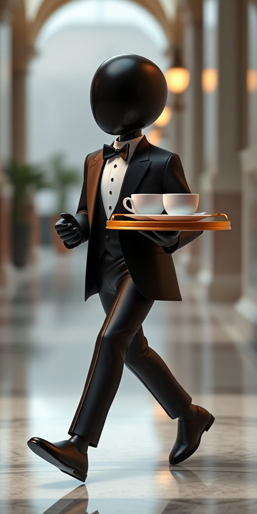 Create a 3D rendered image of a humanoid figure in a tuxedo walking while carrying a tray with two tea cups, using a shallow depth of field, aperture f/2.8, 50mm lens, high dynamic range, and soft lighting to enhance image quality.