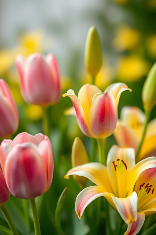 Close-up shot of pink tulips and yellow lilies against a soft-focus background, using a macro lens at f/2.8 for shallow depth of field, ISO 100, shutter speed 1/200s, in natural light.