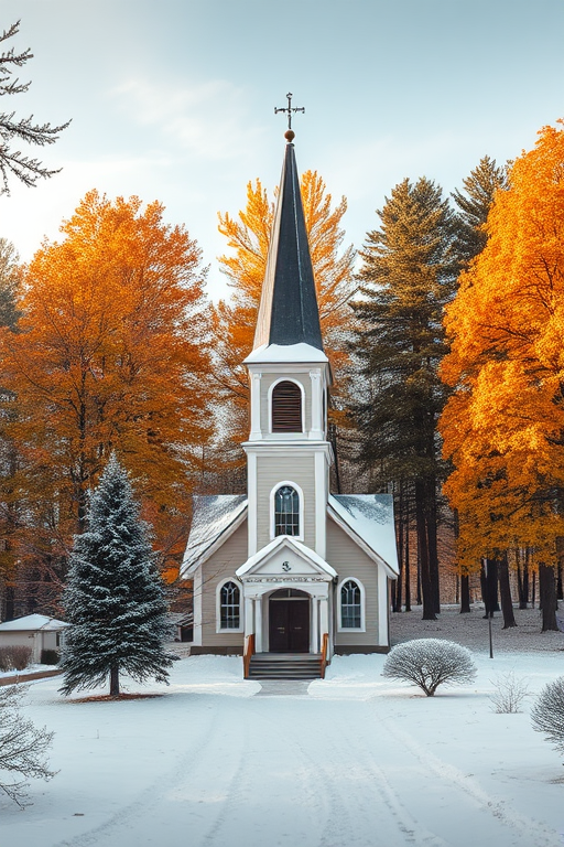 Regenerate a picturesque scene of a snow-covered church surrounded by tall trees in autumn colors, using a Canon EOS 5D Mark IV, with a 24-70mm f/2.8 lens, aperture set to f/8, ISO 100, and a soft focus style to enhance the serene atmosphere and detailed textures.