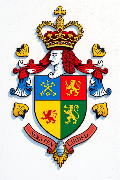 Regenerate the image of a heraldic crest featuring intricate designs and vibrant colors, using a DSLR camera with a 50mm lens, aperture set to f/8, ISO 100, shooting in natural light from a top-down view to enhance detail and clarity.