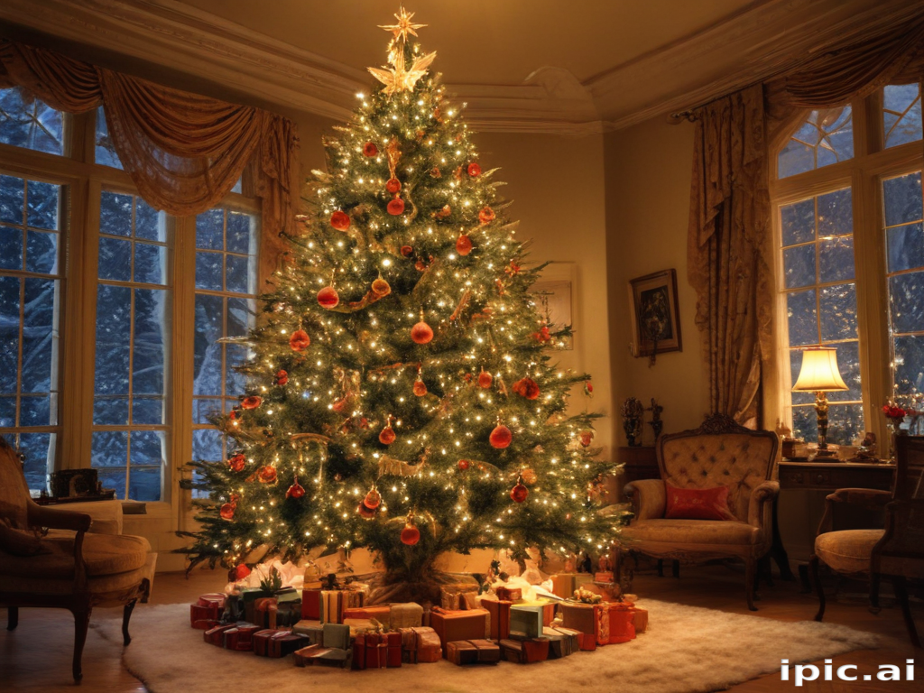 Cozy Living Room Decorated for Christmas with a Beautiful Tree and Gifts
