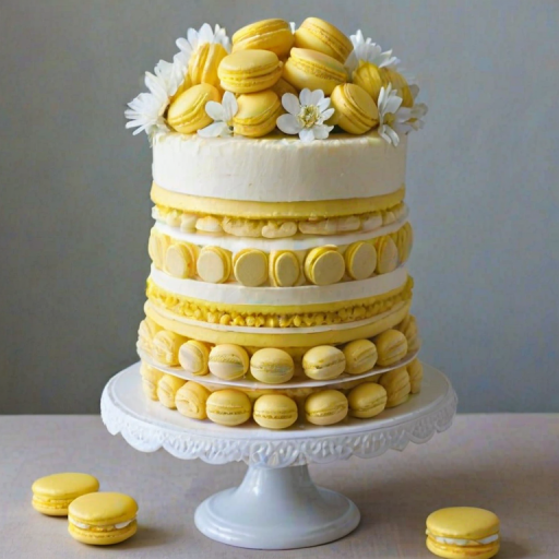 Create an image of a tall, elegant cake decorated with yellow macarons and white flowers. The cake should have a smooth, pale yellow frosting, adorned with small blue and white accents. The macarons should be artistically arranged around one side, and the overall look should be fresh and inviting, perfect for a celebration.