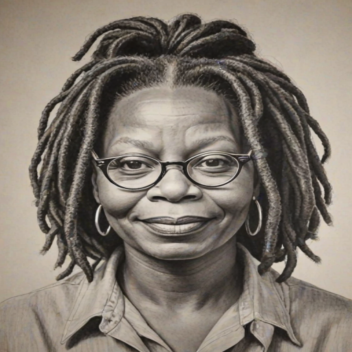 Gorgeous Whoopi Goldberg, pencil sketch, portrait of Enticing woman 1964s in glasses, hair style beatnik, outline, clear lines, fine lines, 8k