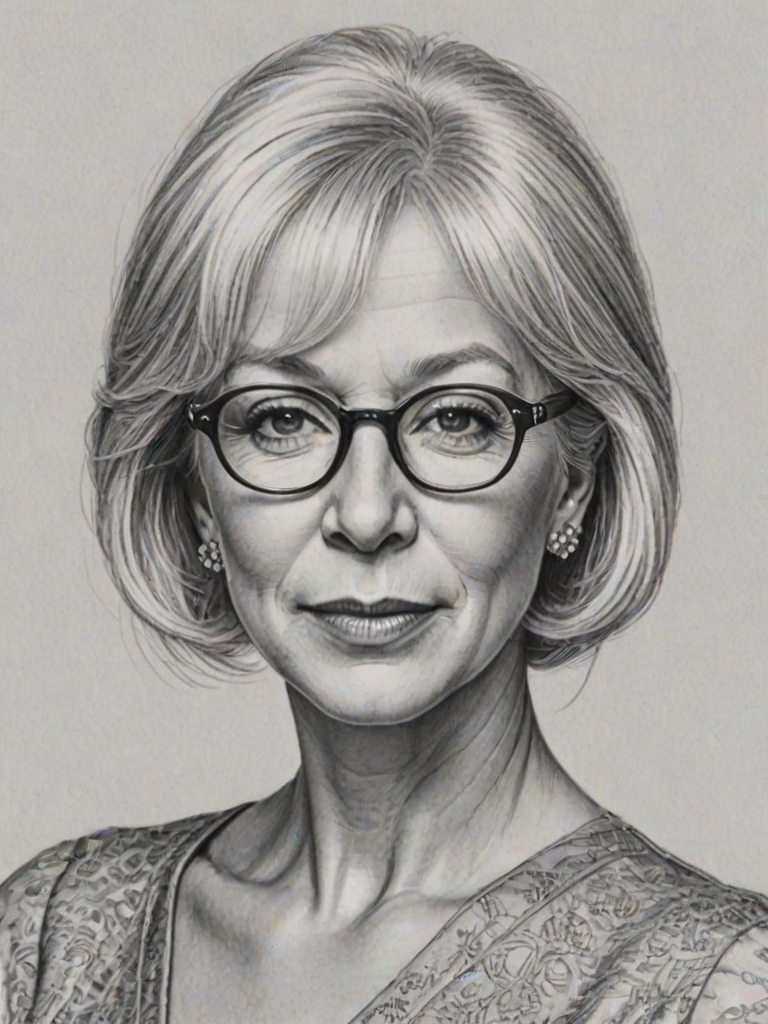 Beautiful Helen Mirren, pencil sketch, portrait of beautiful woman 60s in glasses, hair style beatnik, outline, clear lines, fine lines, 8k