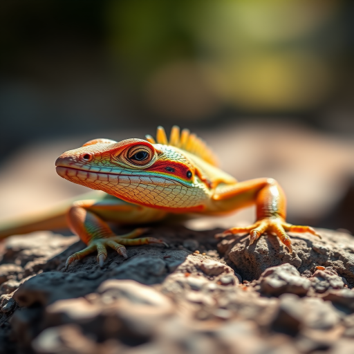Close-up of a colorful lizard on a rock, natural sunlight, shallow depth of field, 50mm lens, f/2.8 aperture, ISO 100, soft bokeh background, taken with a DSLR camera.