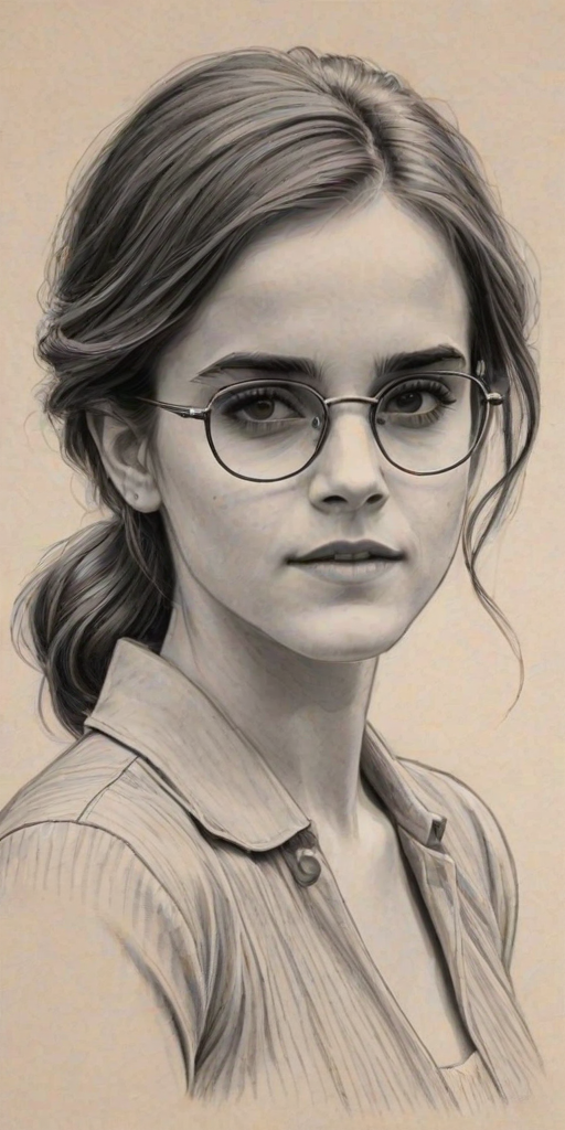 Appealing Emma Watson, pencil sketch, portrait of Captivating woman 1923s in glasses, hair style beatnik, outline, clear lines, fine lines, 8k