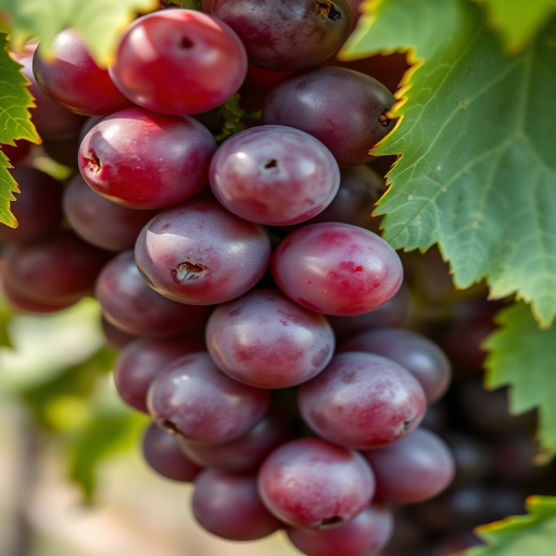 Close-up of ripe grapes on a vine with blurred green leaves in the background, captured with a DSLR camera at f/2.8 aperture, 50mm lens, ISO 100, 1/200 sec shutter speed, natural light for vibrant colors and sharp details.