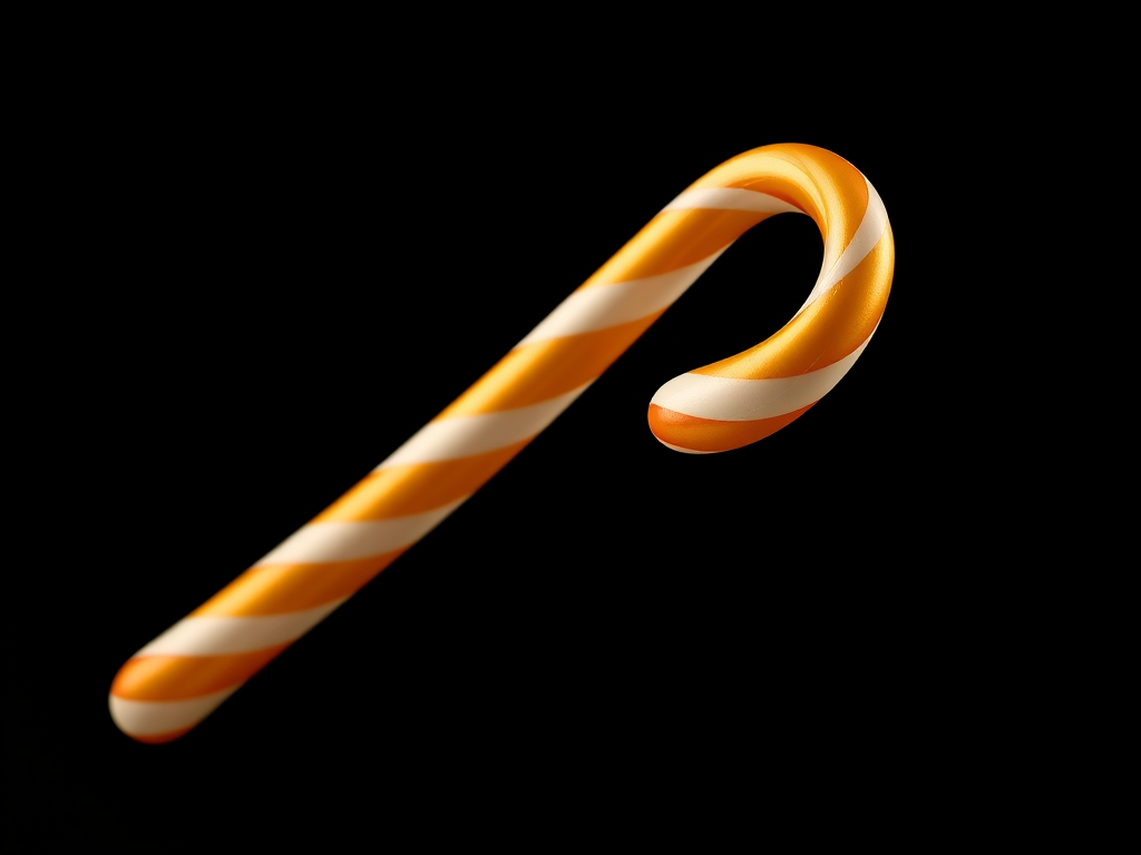 Create a high-resolution image of a stylized golden candy cane, viewed at a slight angle to show depth, with soft studio lighting, using a DSLR camera set to f/2.8 aperture, ISO 100, and a shutter speed of 1/60 seconds.