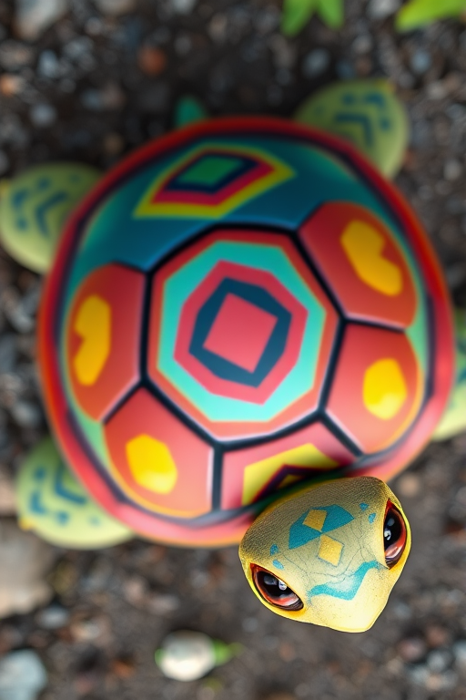 A cartoon turtle with a colorful shell featuring red, blue, yellow, and green patterns, captured in high resolution with a 50mm lens at f/2.8, ISO 100, natural lighting, top-down view, digital camera.
