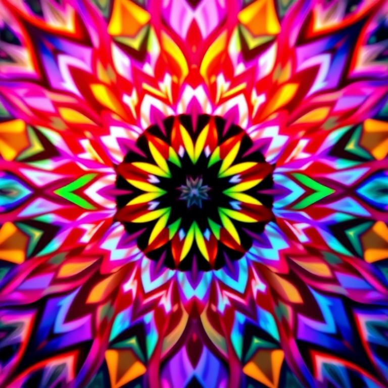 Generate an abstract geometric pattern with vibrant colors, using a DSLR camera with a 50mm lens, aperture f/1.8, ISO 200, captured from a close-up view with a shallow depth of field.
