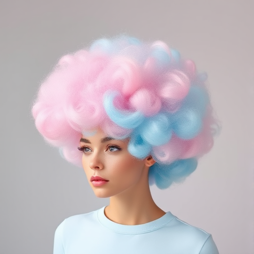 Cotton Candy Cloud Puff presents a whimsical mix of pastel pink and baby blue hues, styled in a voluminous, teased afro that seems to float like a cloud