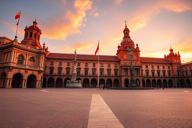 Capture a high-resolution image of the Plazza de Espana in Seville, Spain, at golden hour with a DSLR camera, using a 24mm lens at f/8, ISO 200, shutter speed 1/250s, angled low to emphasize the architecture and the Spanish flag.