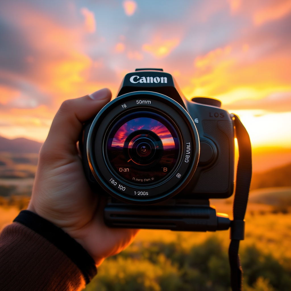 Capture a high-resolution image of a scenic landscape during golden hour with a DSLR camera, using a 50mm lens, aperture f/1.8, ISO 100, and a shutter speed of 1/200s, focusing on vibrant colors and sharp details.