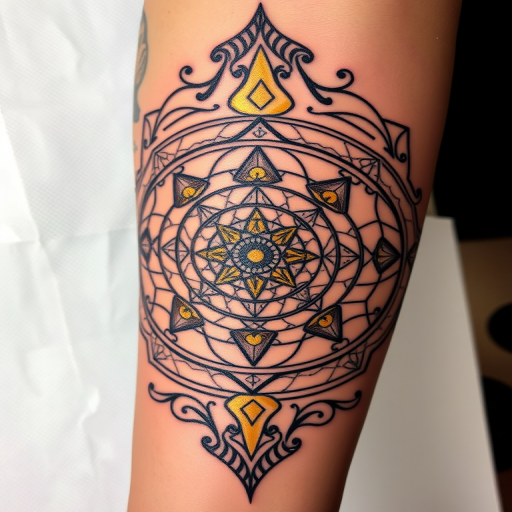 Fibonacci spiral tattoo incorporating sacred geometry elements, golden ratio proportions highlighted in metallic gold ink accents