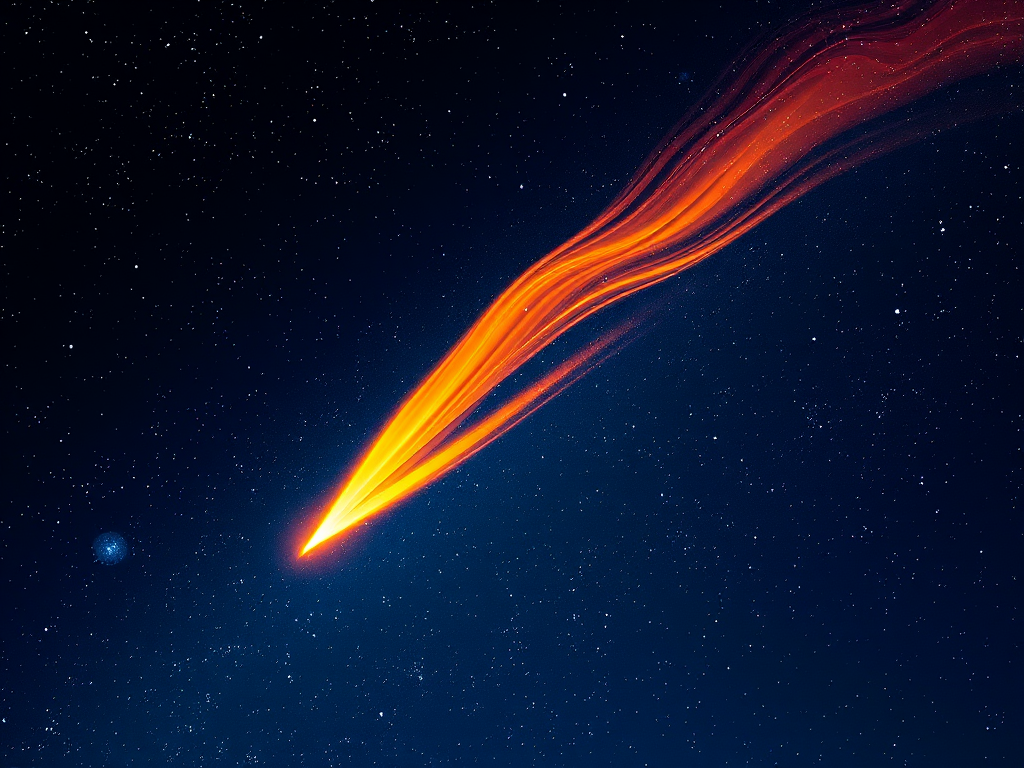 Create a vibrant digital illustration of a comet soaring through a starry night sky with a swirling tail in shades of orange and yellow, using a Canon EOS R5 with a 24-70mm f/2.8 lens, aperture set to f/4, ISO 200, and a shutter speed of 1/125 sec for crisp details and vivid colors.