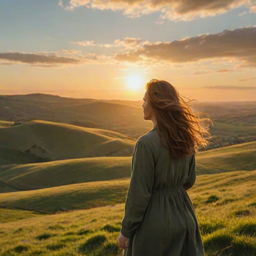 Sunset over rolling green hills, a woman stands at the crest of a hill, the wind catching her hair as she overlooks the vast landscape, bathed in warm, golden light.