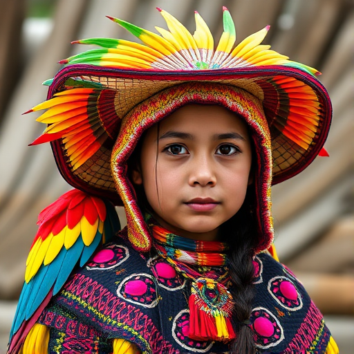 A beautiful Quechua girl, wearing colorful bird clothing with vibrant colors
