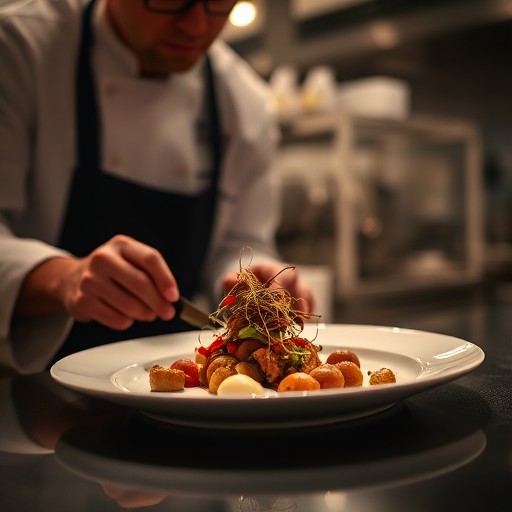 Sharp, high-resolution image of a chef plating a gourmet dish in a dimly lit kitchen, soft light reflecting off the plate, intricate details of the food arranged artfully, the smell of fresh ingredients and spices filling the air, a sense of culinary artistry captured.