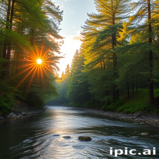 Create an image of a serene, sunlit forest scene with a clear, gently flowing river. Tall trees with lush green foliage line both sides of the river, their leaves bathed in the warm golden light of the setting or rising sun. The sunlight filters through the trees, casting soft, dappled light on the river, which flows over smooth rocks and pebbles, creating a peaceful, natural atmosphere. The sky is bright with a few scattered clouds, and the overall mood is tranquil, evoking a deep sense of connection with nature. The image captures the beauty of a calm, pristine forest landscape at either dawn or dusk.