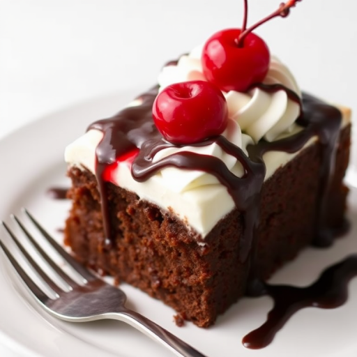 Chocolate cake slice topped with whipped cream and cherries, drizzled with chocolate sauce, placed on a white plate with a fork beside it, against a light background.