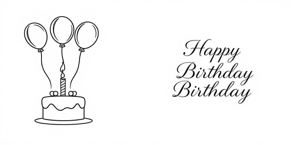 Create a simple line drawing of a birthday scene featuring a cake with a candle and three balloons on the left side with the text Happy Birthday elegantly styled on the right side against a plain white background.