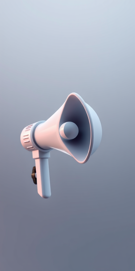 Create a high-resolution 3D illustration of a megaphone with a glossy finish, using a DSLR camera with a 50mm lens, ISO 100, aperture f/2.8, and a shallow depth of field, captured from a slightly elevated angle against a soft gradient background.