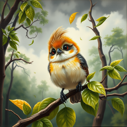 airbrushed oil painting,  a cute little bird, sitting on a branch with lush leaves, startled eyes, his feathers ruffled and blown up, leaves in the air, background bending trees in a forest, storm clouds