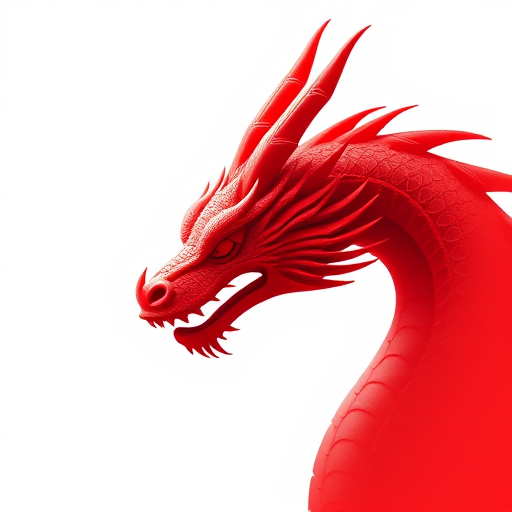 Create a high-resolution image of a stylized red dragon head in profile, background white, digital art style, shot with a Canon EOS 5D Mark IV, 50mm lens, aperture f/2.8, ISO 100, soft focus with high contrast.