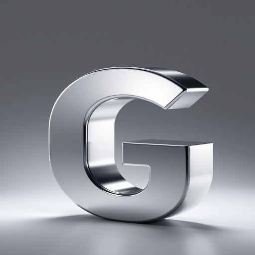 Create a high-resolution image of a three-dimensional silver letter G, reflecting light with smooth gradients, using a Canon EOS R5 camera, 50mm lens, f/1.8 aperture, ISO 100, photographed from a 45-degree angle with soft studio lighting.