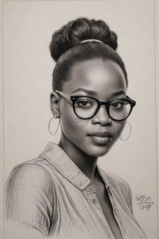 Radiant Lupita Nyong'o, pencil sketch, portrait of Charming woman 1964s in glasses, hair style beatnik, outline, clear lines, fine lines, 8k