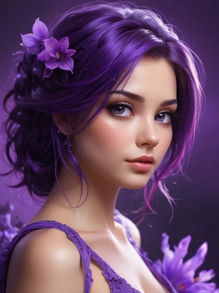Enchanting Portrait of a Young Woman with Gorgeous Purple Hair and Flowers