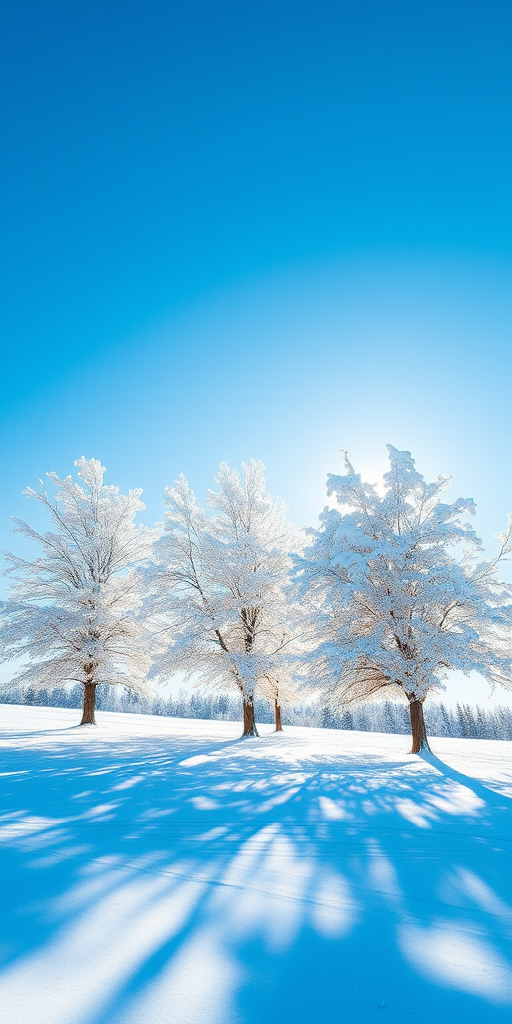winter landscape with five snow-covered trees, clear blue sky, bright sunlight, long shadows, shot with a DSLR camera, 50mm lens, aperture f/8, ISO 100, shutter speed 1/250s, landscape orientation.