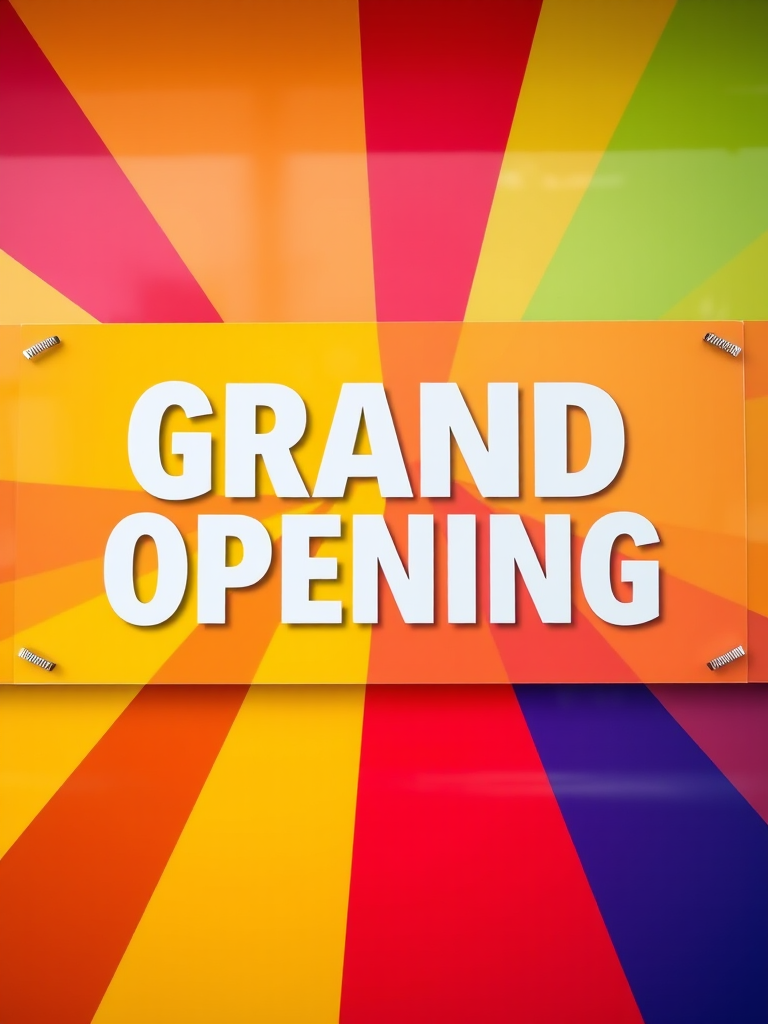 Create an image of a colorful grand opening banner with bold text that says "GRAND OPENING" in white letters, set against a vibrant gradient background of red, yellow, and blue, using a DSLR camera with a 50mm lens, f/2.8 aperture, at ISO 100, captured from a straight-on view with natural lighting for enhanced clarity and vibrancy.