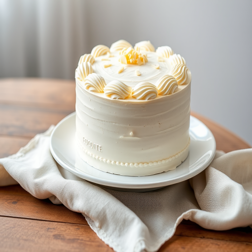 Create an image of a round white cake with smooth icing and decorative swirls on the top and bottom edges set on a white plate on a wooden table with a soft cloth beside it. The cake should have a textured finish on the sides and be topped with small white chocolate shavings. The background should be softly blurred to emphasize the cake.