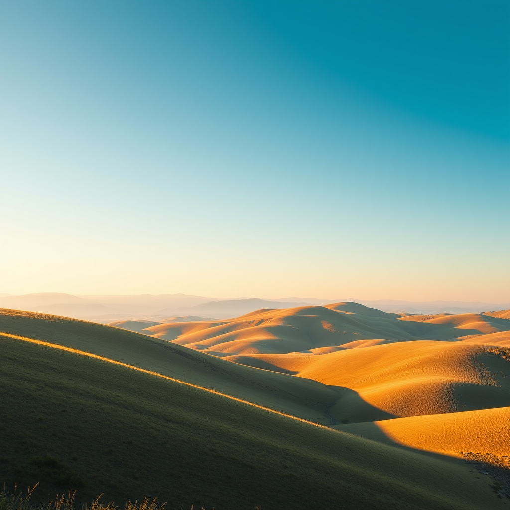 Create a high-resolution digital artwork of a serene landscape featuring rolling hills and a clear blue sky, taken with a Canon EOS R5, 50mm lens, aperture f/8, ISO 100, at golden hour with soft, natural lighting and vibrant colors.