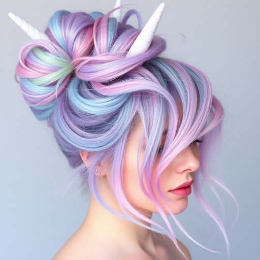 Ethereal pastel rainbow unicorn hair styled in a high messy bun, Whimsical Dreamscape look, blending soft hues of lavender, mint, baby blue, and pale pink in a swirling pattern with wispy tendrils framing the face