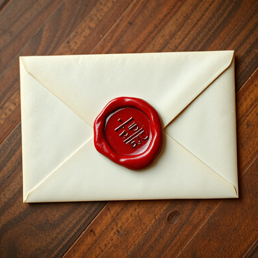 Create a high-resolution image of a classic sealed envelope with a red wax seal, using a Canon EOS R5, 50mm lens, f/2.8 aperture, ISO 100, natural soft lighting, and a slight overhead angle for depth.