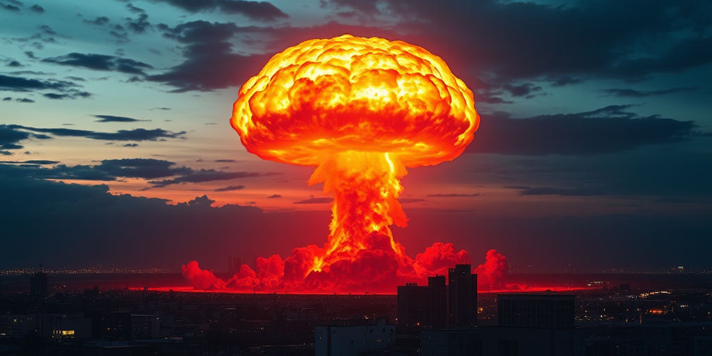 Create a dramatic scene depicting a nuclear explosion over a city skyline at dusk, capturing intricate details of the mushroom cloud illuminated by fiery colors, using a Canon EOS R5 with a 24mm lens, aperture f/8, ISO 100, shutter speed 1/250s, and a low angle view to emphasize the scale of the explosion.