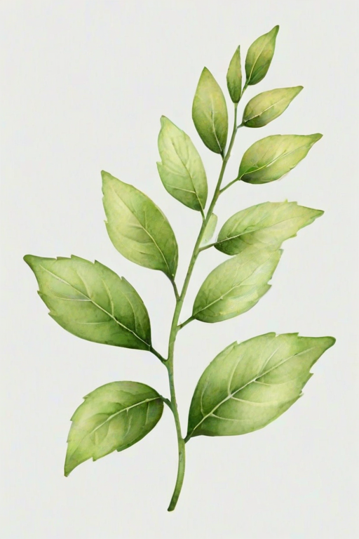 create a delicate watercolor illustration of a green leafy branch with rounded buds on a transparent background