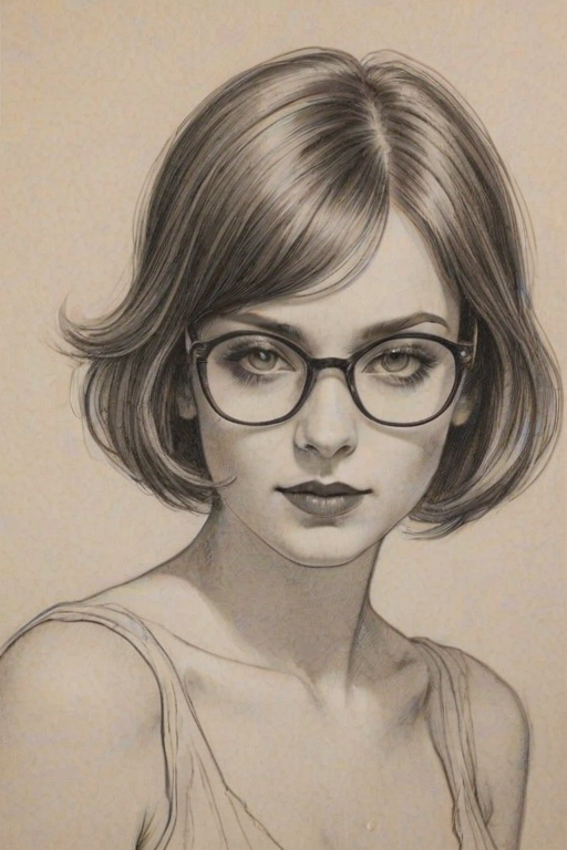 Bewitching Chloe East, pencil sketch, portrait of Enticing woman 1921s in glasses, hair style beatnik, outline, clear lines, fine lines, 8k
