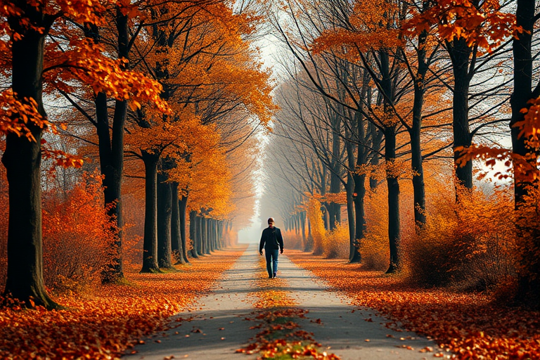 a solitary figure walking down a tree-lined path in autumn, rich orange and brown foliage, soft diffused lighting, shallow depth of field, taken with a Canon EOS R5 at f/1.8, 50mm lens, ISO 100, high dynamic range, low angle view, warm color grading