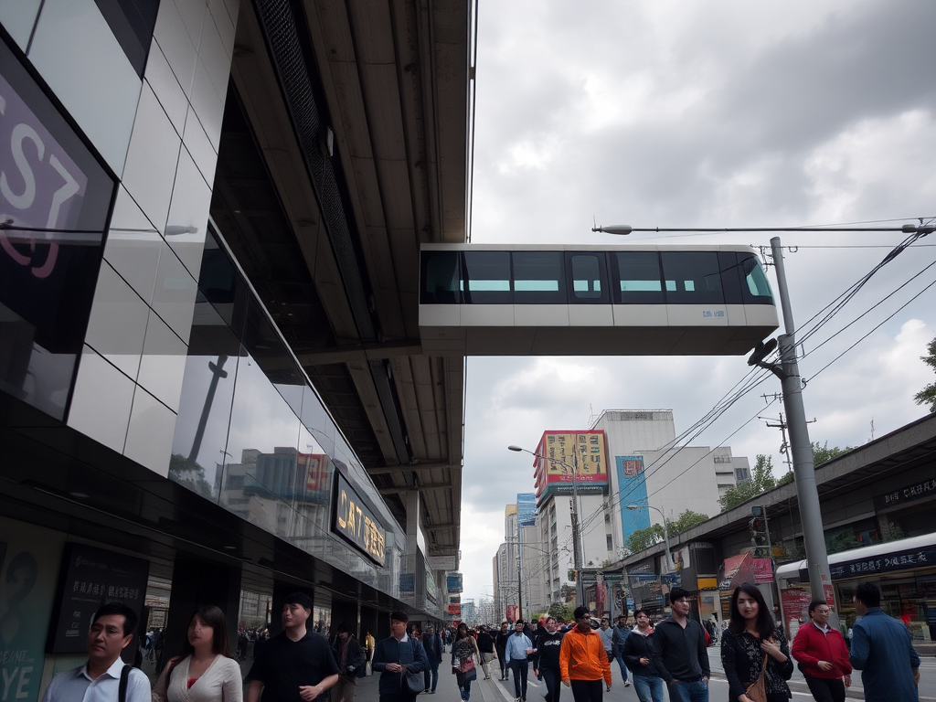 urban street scene with people walking under a monorail station, cloudy sky, focus on architecture and urban life, ISO 100, f/8, 1/250 sec, 35mm lens, wide-angle view, DSLR camera