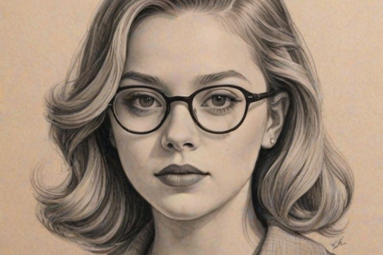 Captivating Jade Pettyjohn, pencil sketch, portrait of Superb woman 1932s in glasses, hair style beatnik, outline, clear lines, fine lines, 8k